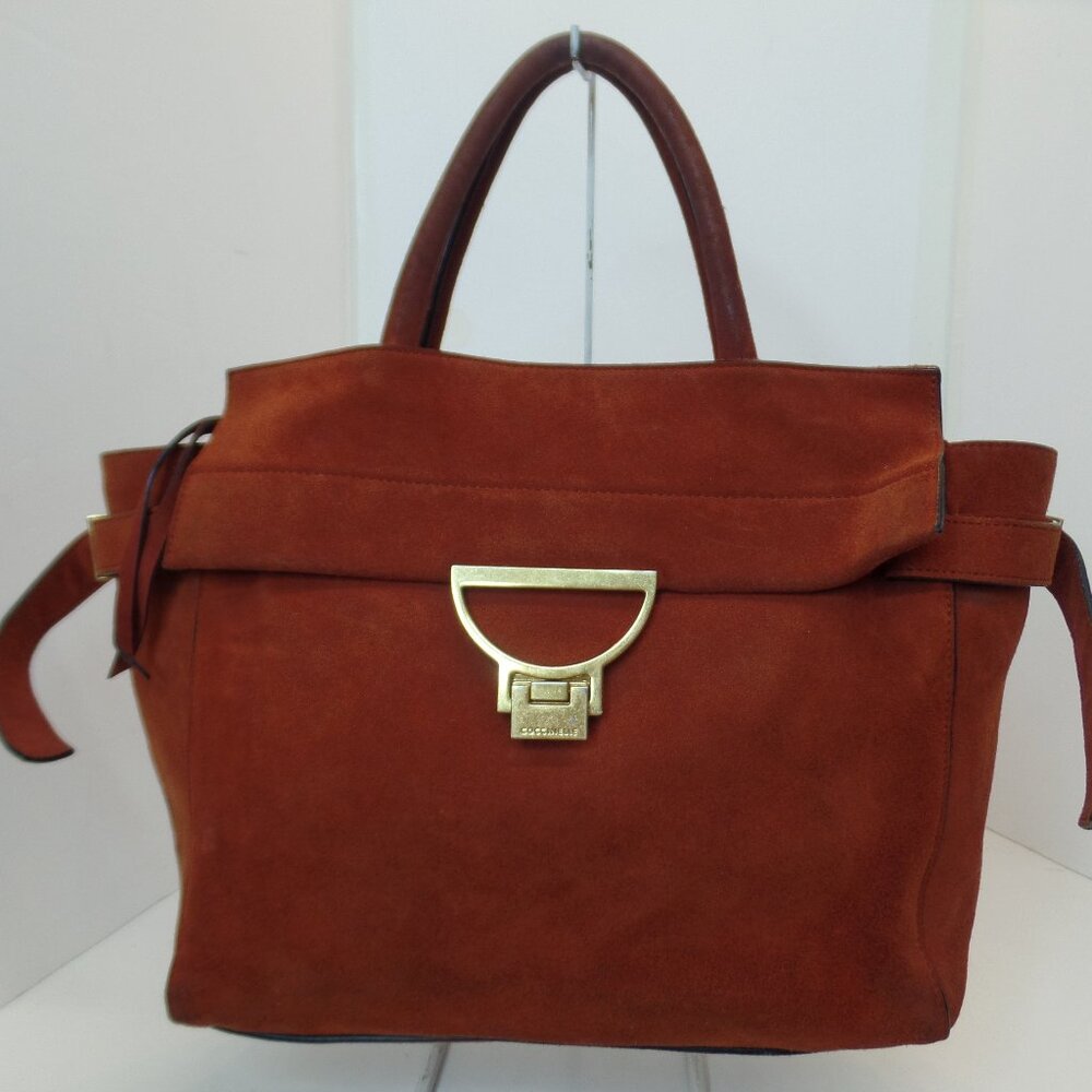COCCINELLE Made in Italy Rust Colored Suede Handbag Gold Hardware Unique!